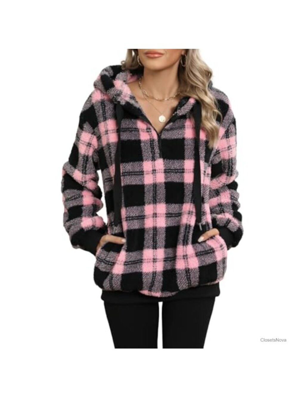 Sherpa Fleece Half Zip Pullover Oversized Hooded Sweatshirt